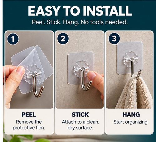30 PCS Transparent Adhesive Wall Hooks – Strong Stick-On Hooks with Metal Hook | No Drilling, Waterproof, Multi-Purpose