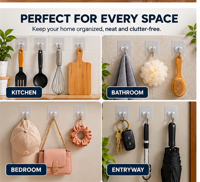 30 PCS Transparent Adhesive Wall Hooks – Strong Stick-On Hooks with Metal Hook | No Drilling, Waterproof, Multi-Purpose