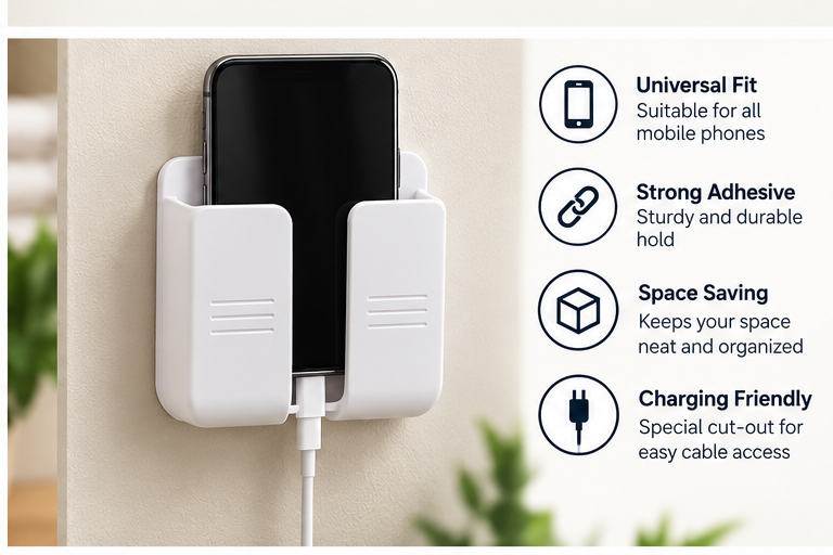 Wall Mounted Mobile Holder for Charging – Pack of 2 | Self-Adhesive Phone Stand