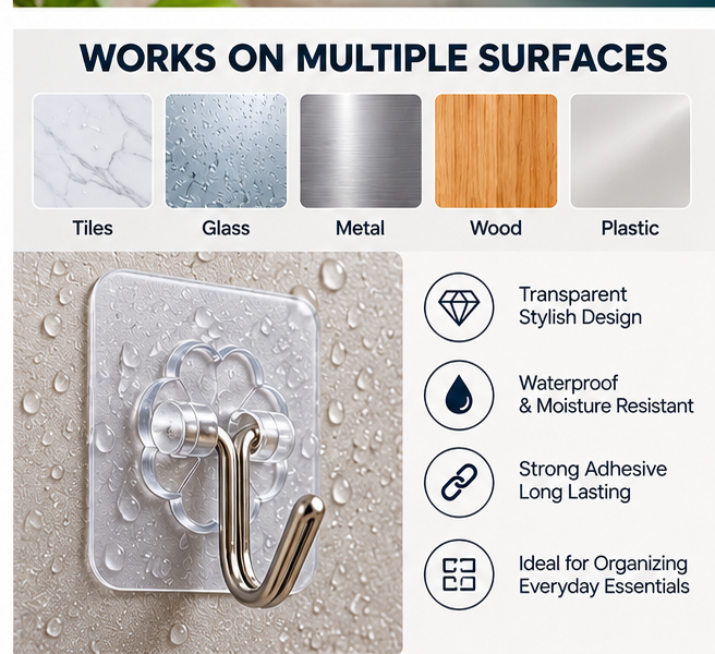 30 PCS Transparent Adhesive Wall Hooks – Strong Stick-On Hooks with Metal Hook | No Drilling, Waterproof, Multi-Purpose