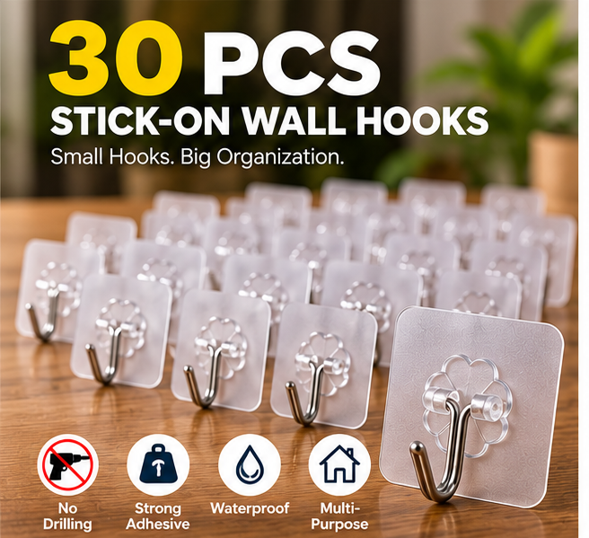 30 PCS Transparent Adhesive Wall Hooks – Strong Stick-On Hooks with Metal Hook | No Drilling, Waterproof, Multi-Purpose