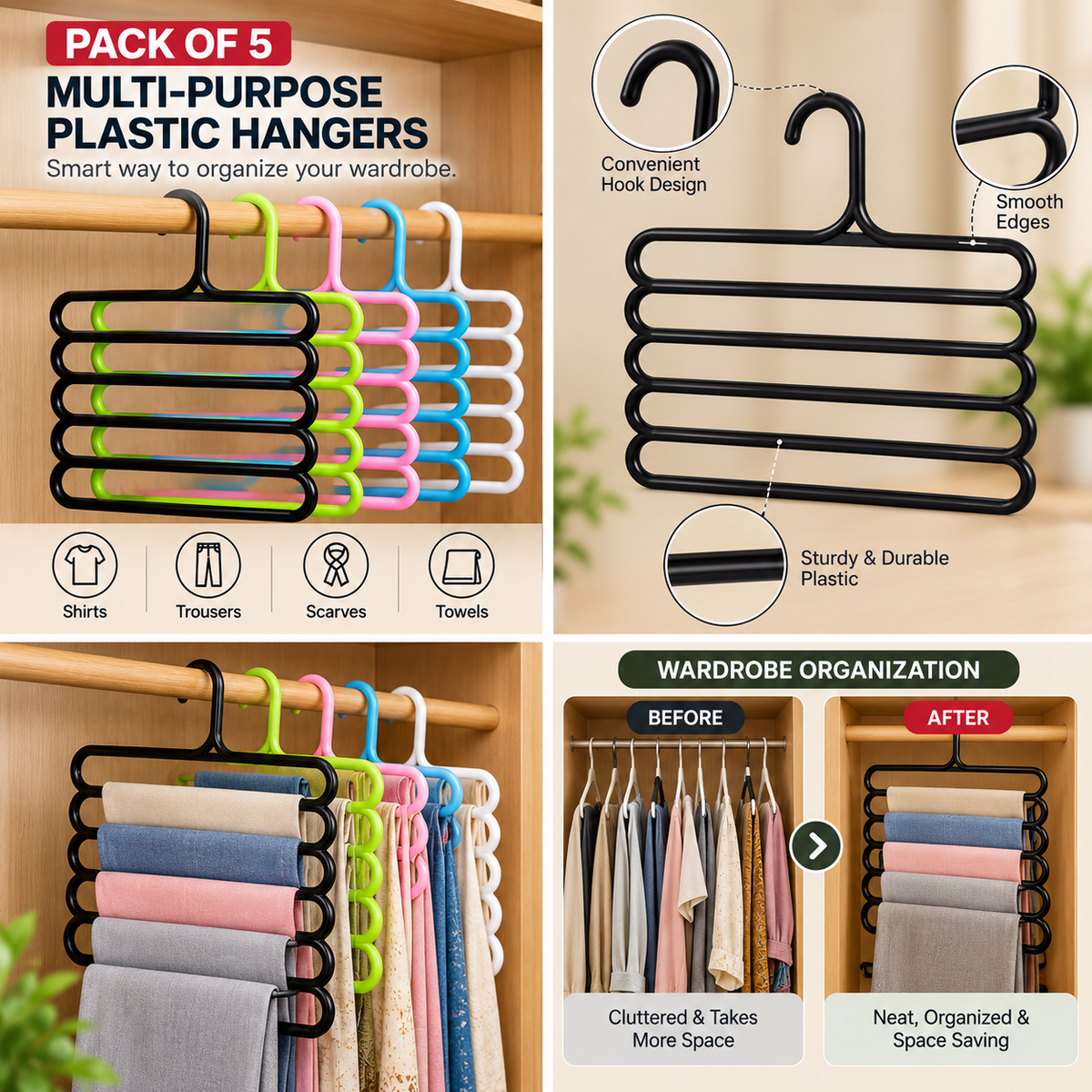5-Piece Multi-Purpose Plastic Hangers for Wardrobe | Space-Saving Clothes Hangers