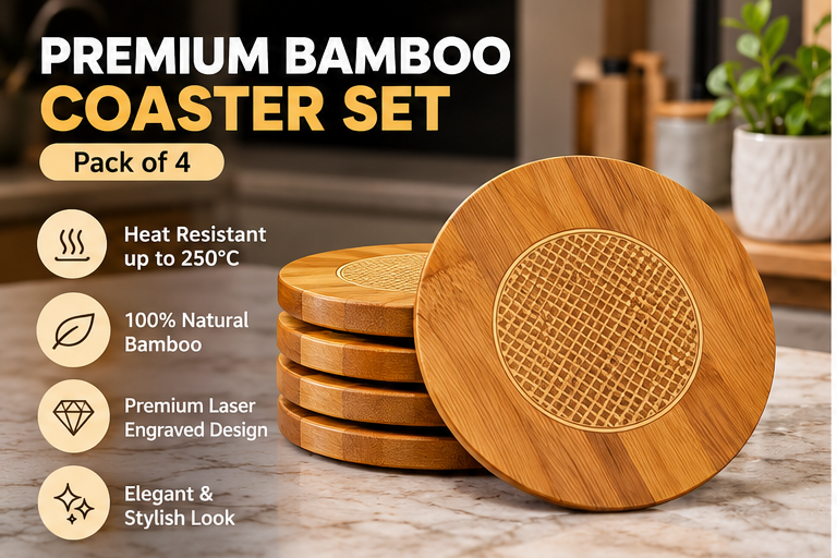 Premium Bamboo Coaster Set of 4 – Heat Resistant Wooden Pot Stand | Eco-Friendly Table Protector
