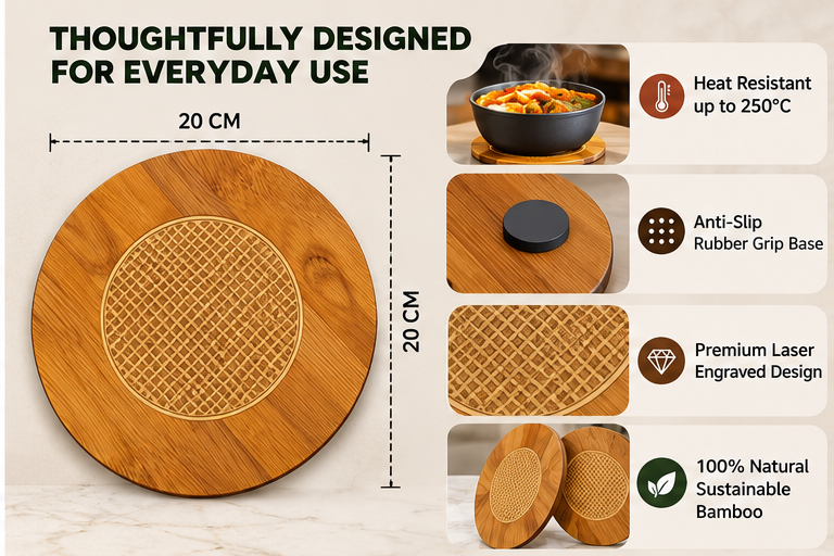 Premium Bamboo Coaster Set of 4 – Heat Resistant Wooden Pot Stand | Eco-Friendly Table Protector