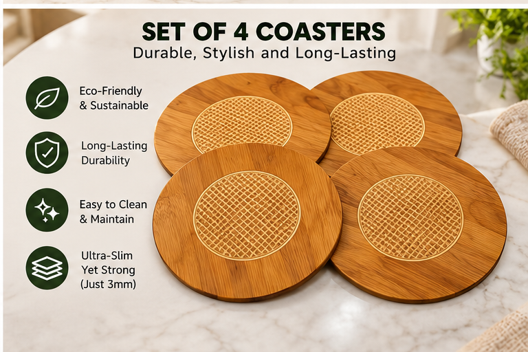 Premium Bamboo Coaster Set of 4 – Heat Resistant Wooden Pot Stand | Eco-Friendly Table Protector