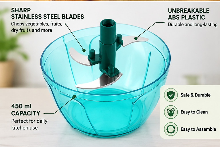 450ml Manual Vegetable Chopper with Stainless Steel Blades | Pull-Cord Kitchen Chopper