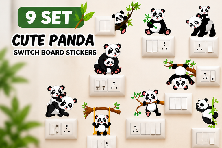 Cute Panda Switch Board Stickers – Set of 9 | Decorative Self-Adhesive Wall Stickers